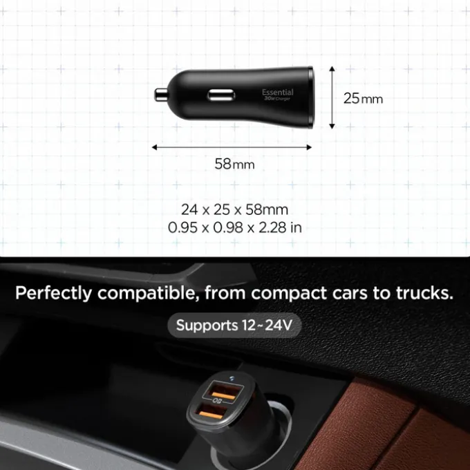 ŁADOWARKA SAMOCHODOWA SPIGEN ESSENTIAL EV302 2-PORT CAR CHARGER 30W CZARNA
