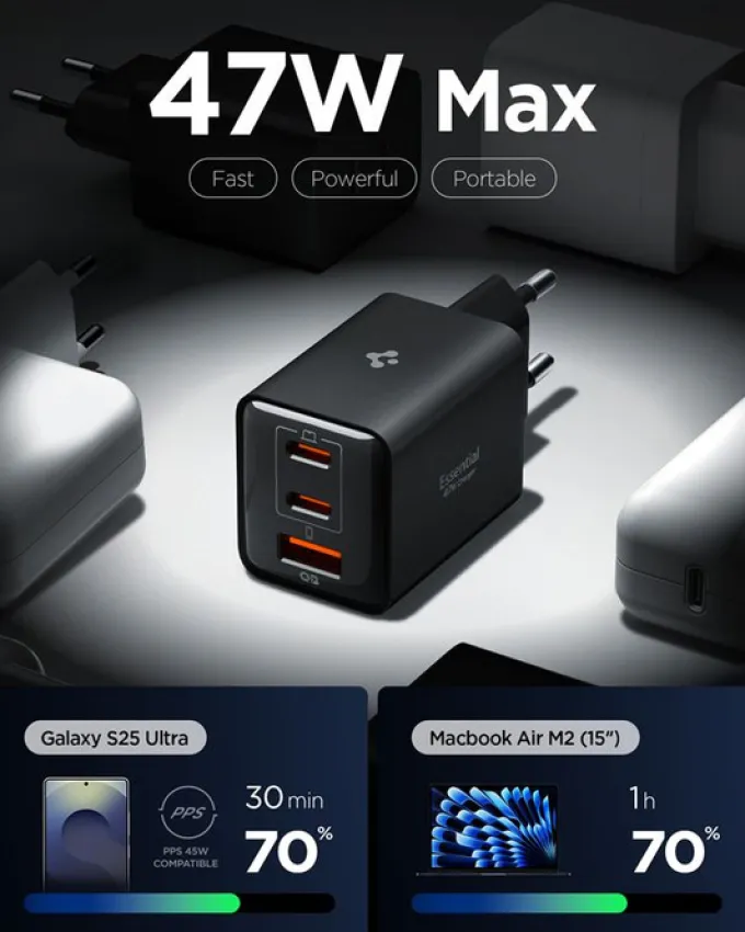 ŁADOWARKA SIECIOWA SPIGEN ESSENTIAL 47W USB-C USB-A EE473EU CZARNA