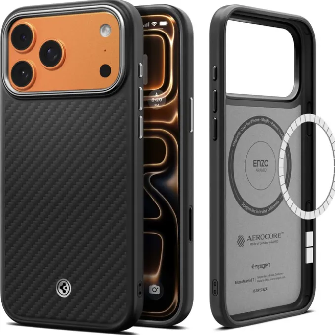 ETUI SPIGEN IPHONE 17 PRO MAX ENZO ARAMID ”T” MAG MAGSAFE BLACK/SILVER