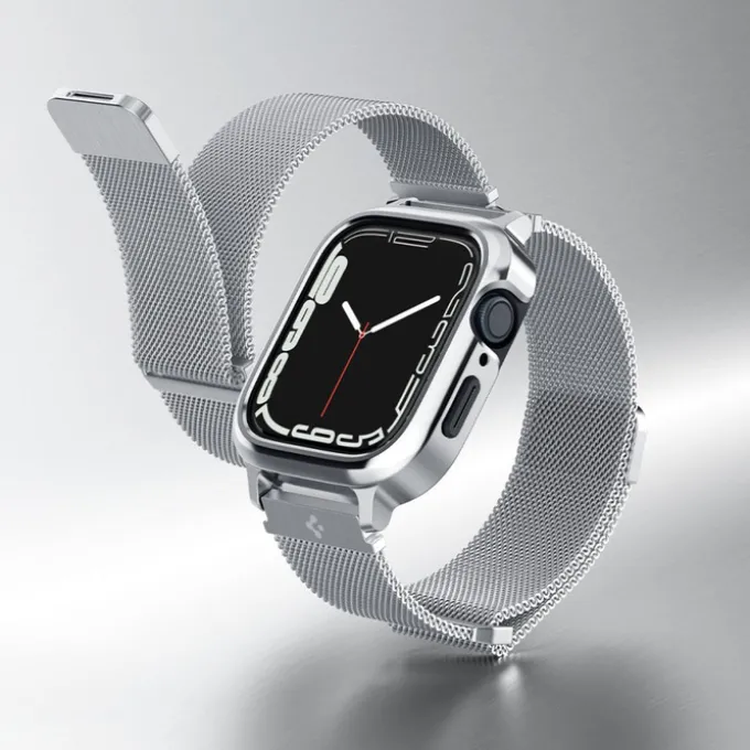 Pasek i Etui Spigen Metal Fit Pro Apple Watch 9 8 7 6 5 4 SE 2022 44 / 45 mm Srebny