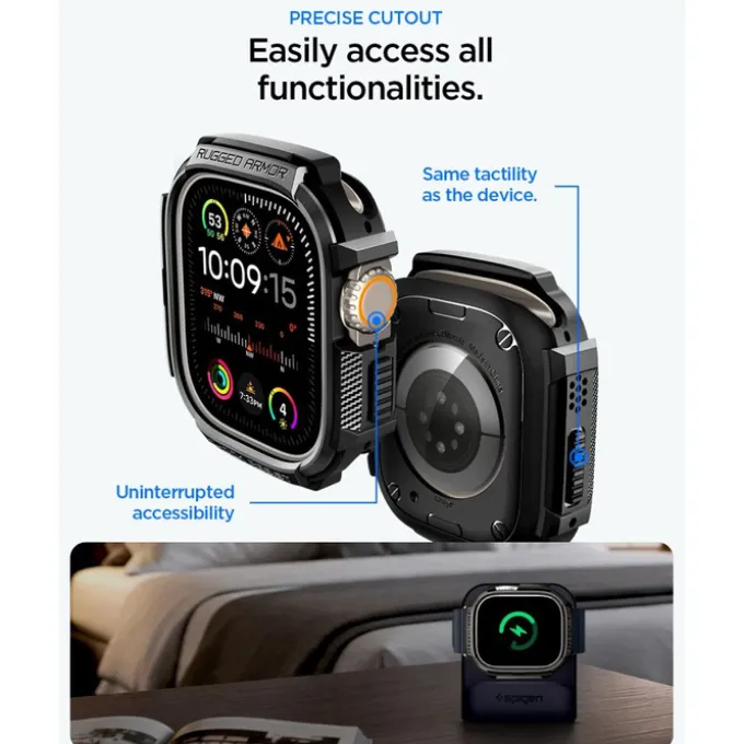 PASEK Z ETUI SPIGEN APPLE WATCH ULTRA 1 / 2 / 3 (49 MM) RUGGED ARMOR & TEMPERED GLASS MATTE BLACK
