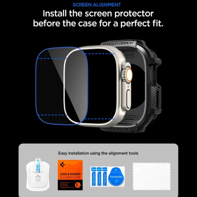 PASEK Z ETUI SPIGEN APPLE WATCH ULTRA 1 / 2 / 3 (49 MM) RUGGED ARMOR & TEMPERED GLASS MATTE BLACK