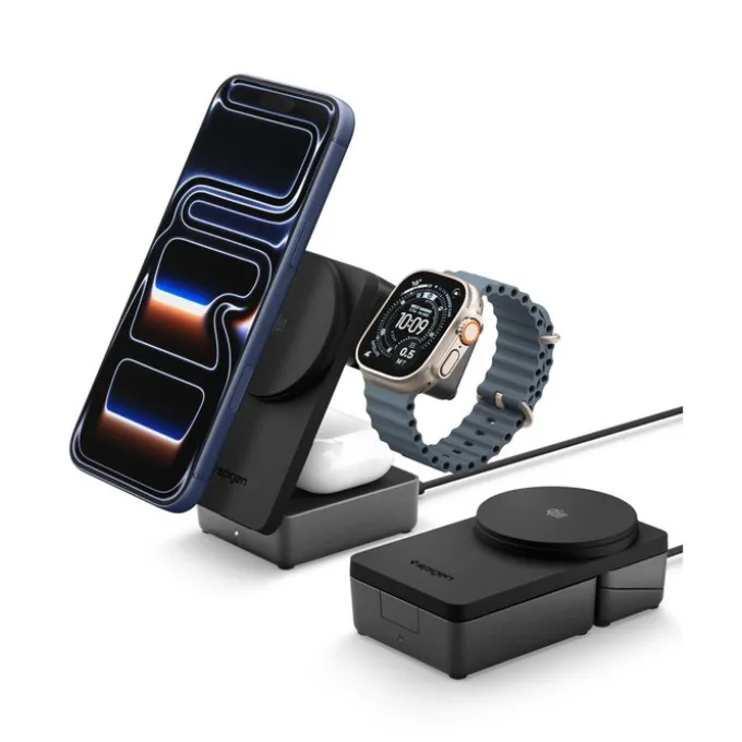 STACJA ŁADOWANIA SPIGEN ESSENTIAL 3IN1 MAGNETIC MAGSAFE BEZPRZEWODOWA ŁADOWARKA 25W Qi2.2 CZARNA