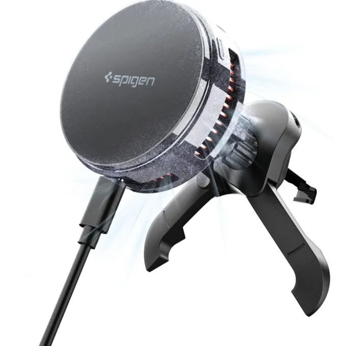 UCHWYT Z ŁADOWARKĄ BEZPRZEWODOWĄ SPIGEN ESSENTIAL EV25MFAQ Qi2.2 PELTIER MAGSAFE DO KRATKI NAWIEWU CZARNA