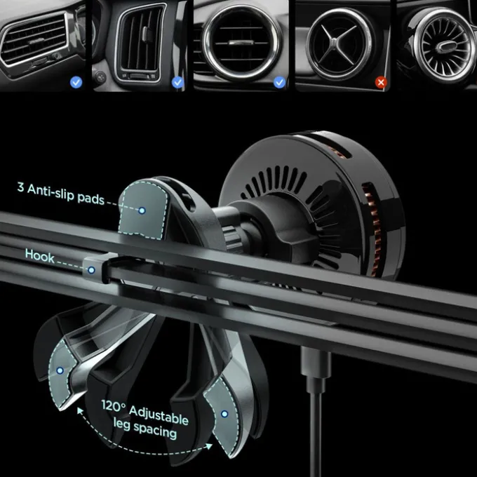 UCHWYT Z ŁADOWARKĄ BEZPRZEWODOWĄ SPIGEN ESSENTIAL EV25MFAQ Qi2.2 PELTIER MAGSAFE DO KRATKI NAWIEWU CZARNA
