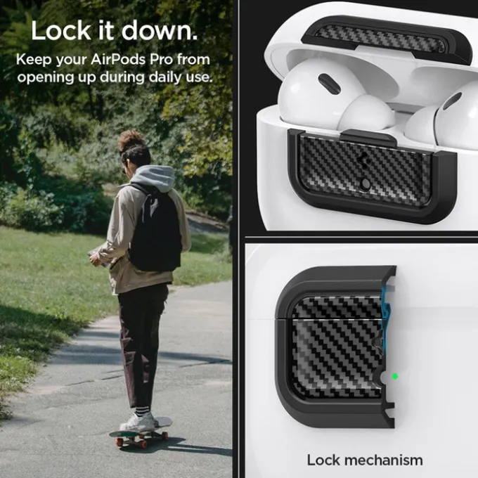 ZAMYKANIE DO ORYGINALNEGO ETUI SPIGEN AIRPODS PRO 2 1 GEN LOCK FIT M CARBON
